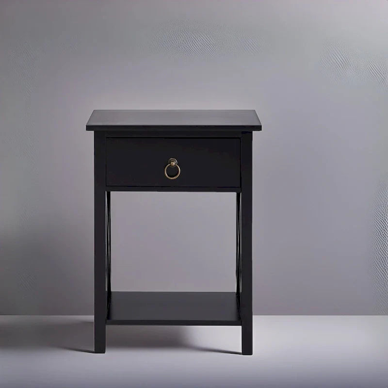 Wooden Nightstand with Drawer and Open Shelves