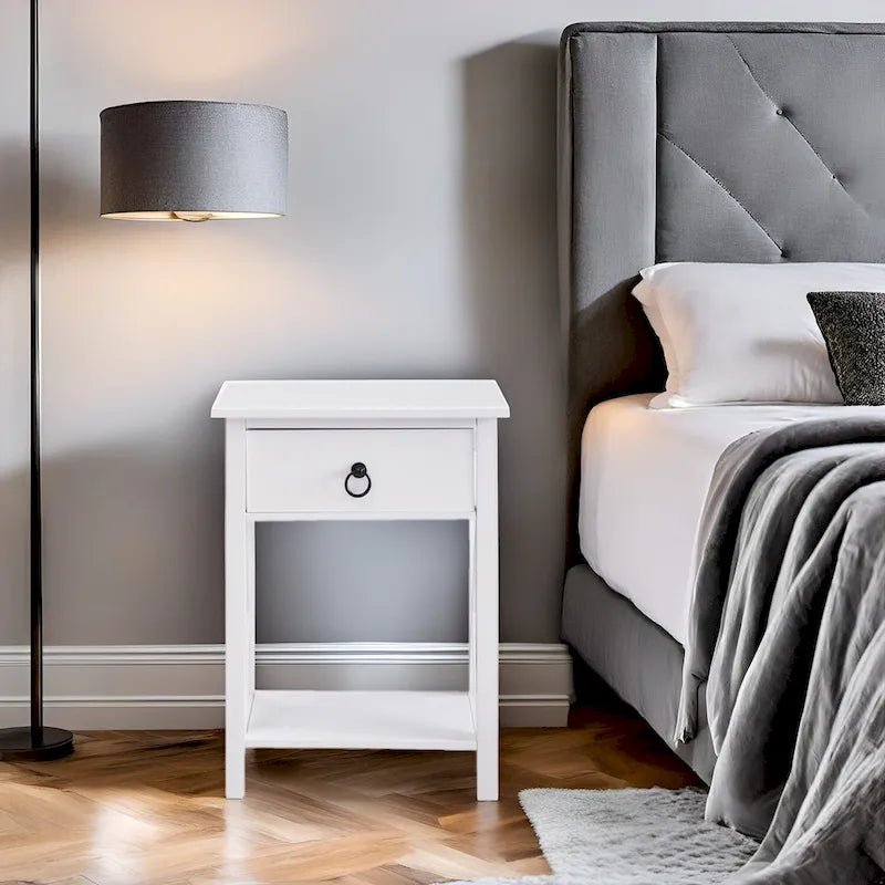 Wooden Nightstand with Drawer and Open Shelves