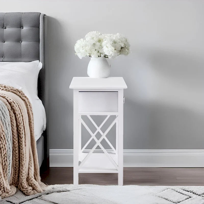 Wooden Nightstand with Drawer and Open Shelves