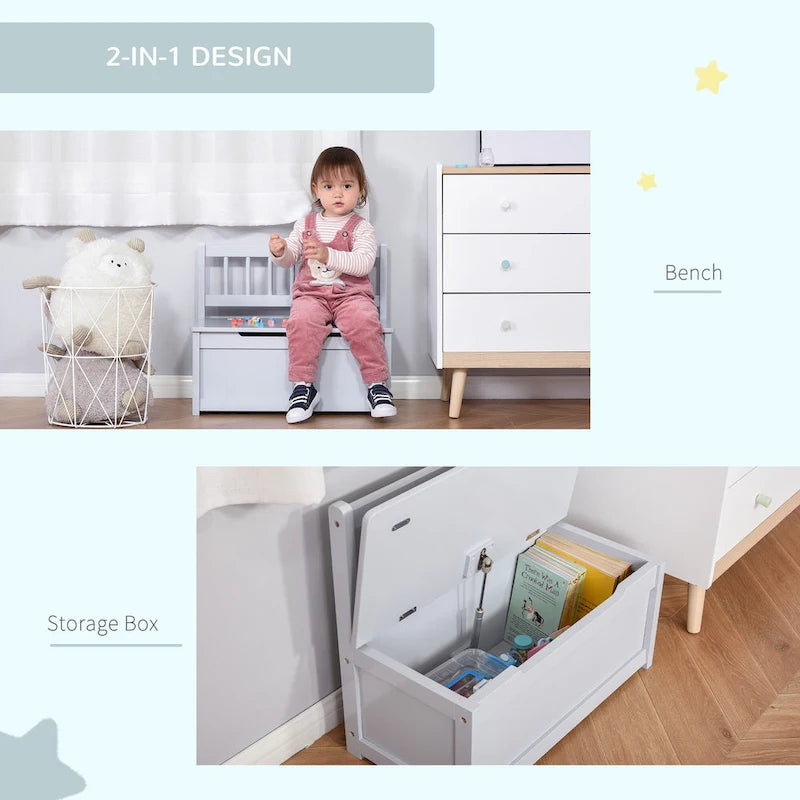 Qaba 2-IN-1 Wooden Toy Box Kids Seat Bench Storage Chest Cabinet Chunk Cube with Safety Pneumatic Rod