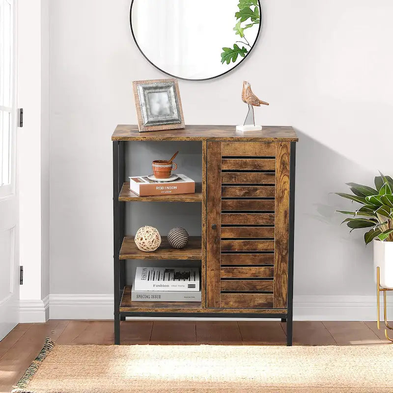 Walnut Finish Manufactured Wood 3-Shelf and 1-Door Storage Cabinet