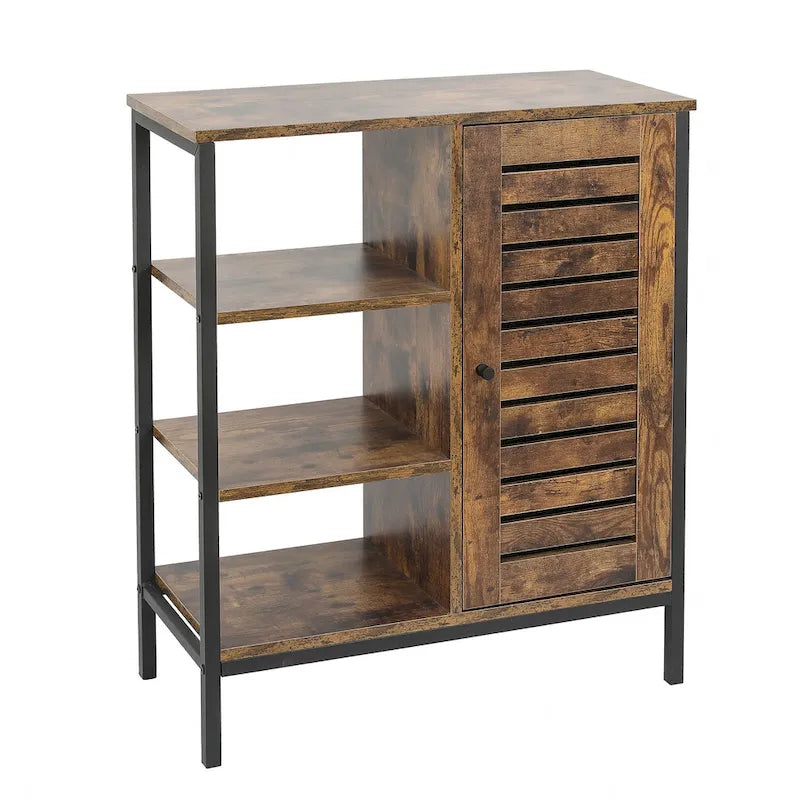 Walnut Finish Manufactured Wood 3-Shelf and 1-Door Storage Cabinet