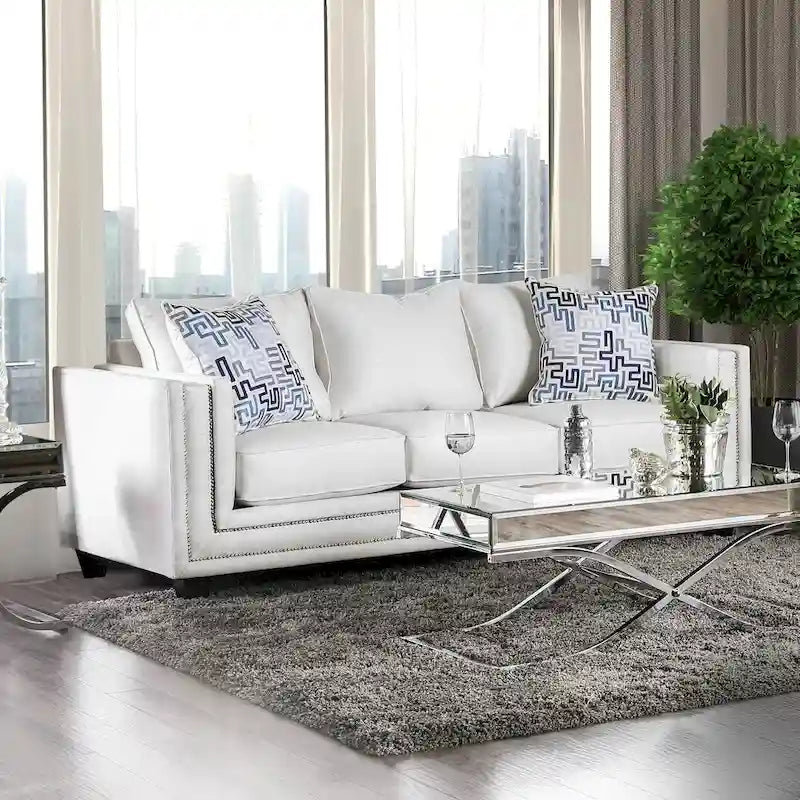 Tigg Contemporary White Chenille Nailhead Upholstered Sofa by Furniture of America
