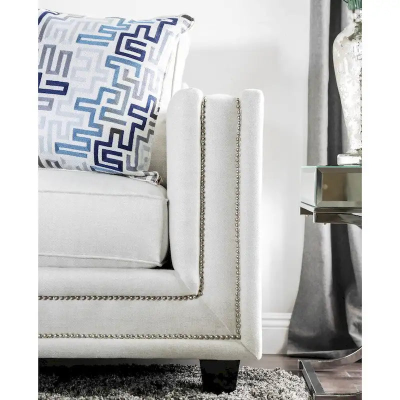 Off-White Chenille Upholstered Sofa with Nailhead Trim
