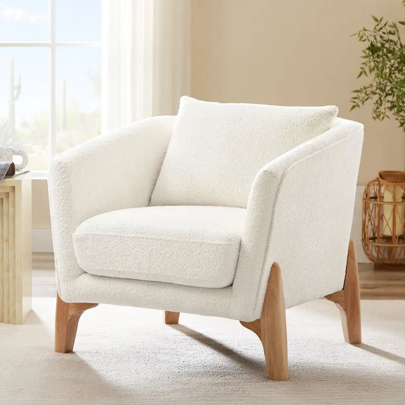 Mid-Century Modern Upholstered Accent Armchair with Rubber Wood Legs