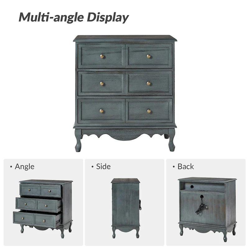 Distressed Farmhouse 3-Drawer Nightstand with Charging Station