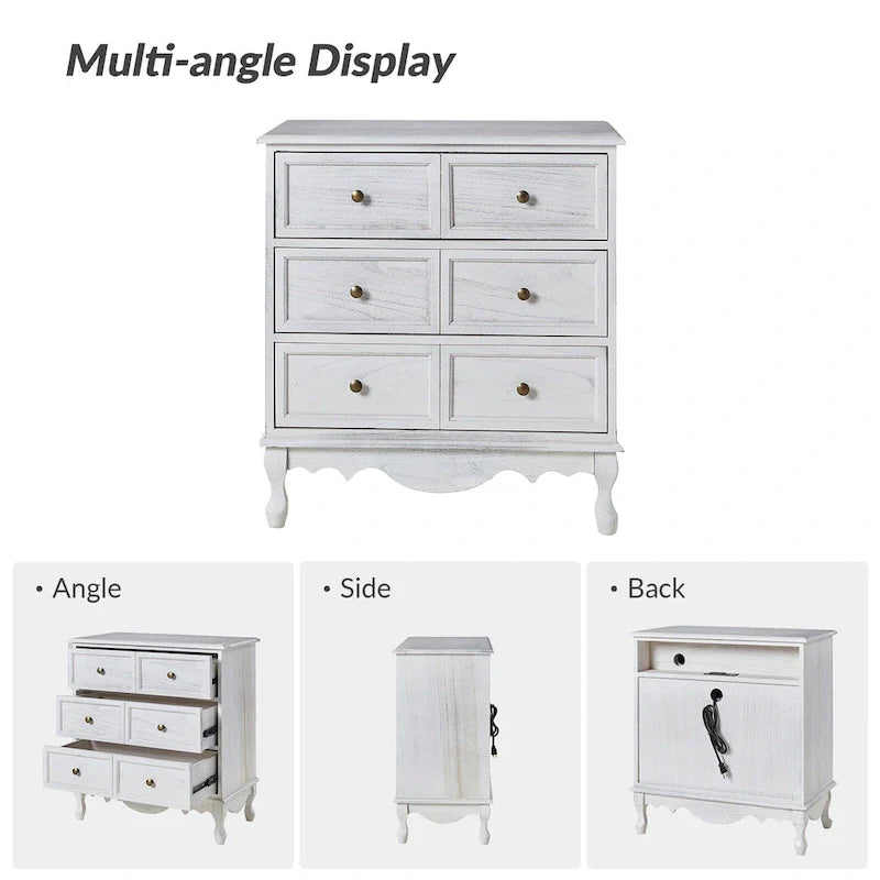 Distressed Farmhouse 3-Drawer Nightstand with Charging Station