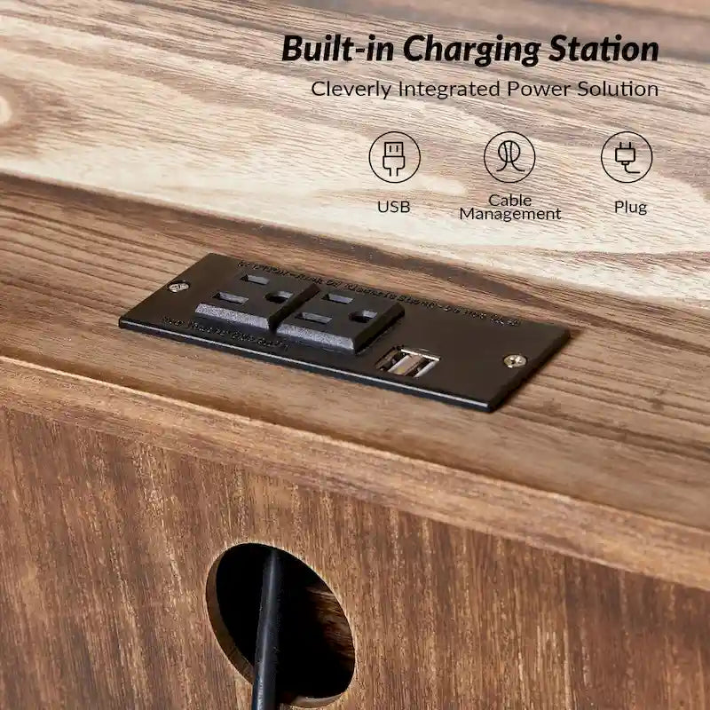 Distressed Farmhouse 3-Drawer Nightstand with Charging Station