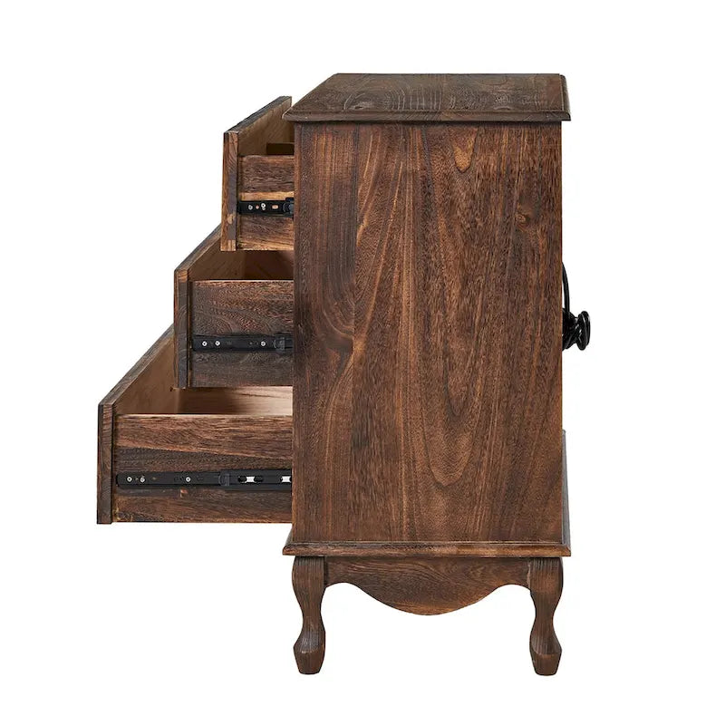 Distressed Farmhouse 3-Drawer Nightstand with Charging Station
