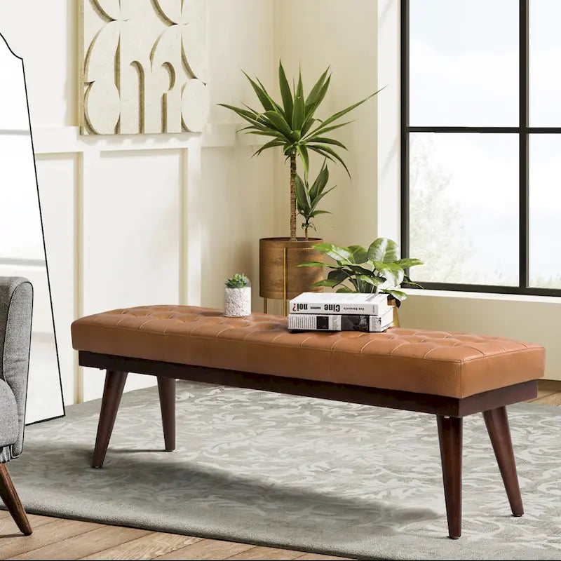 Genuine Leather Tufted Bench with Solid Wood Base