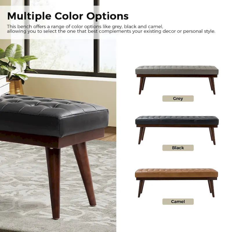 Genuine Leather Tufted Bench with Solid Wood Base