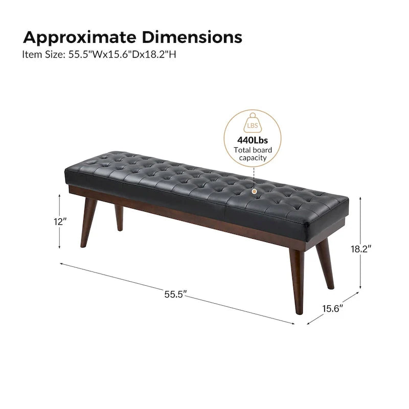Genuine Leather Tufted Bench with Solid Wood Base