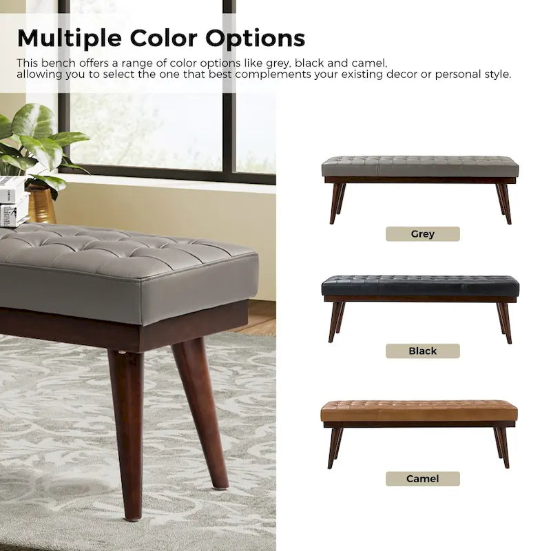 Genuine Leather Tufted Bench with Solid Wood Base