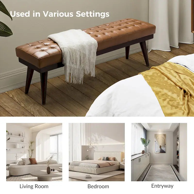 Genuine Leather Tufted Bench with Solid Wood Base