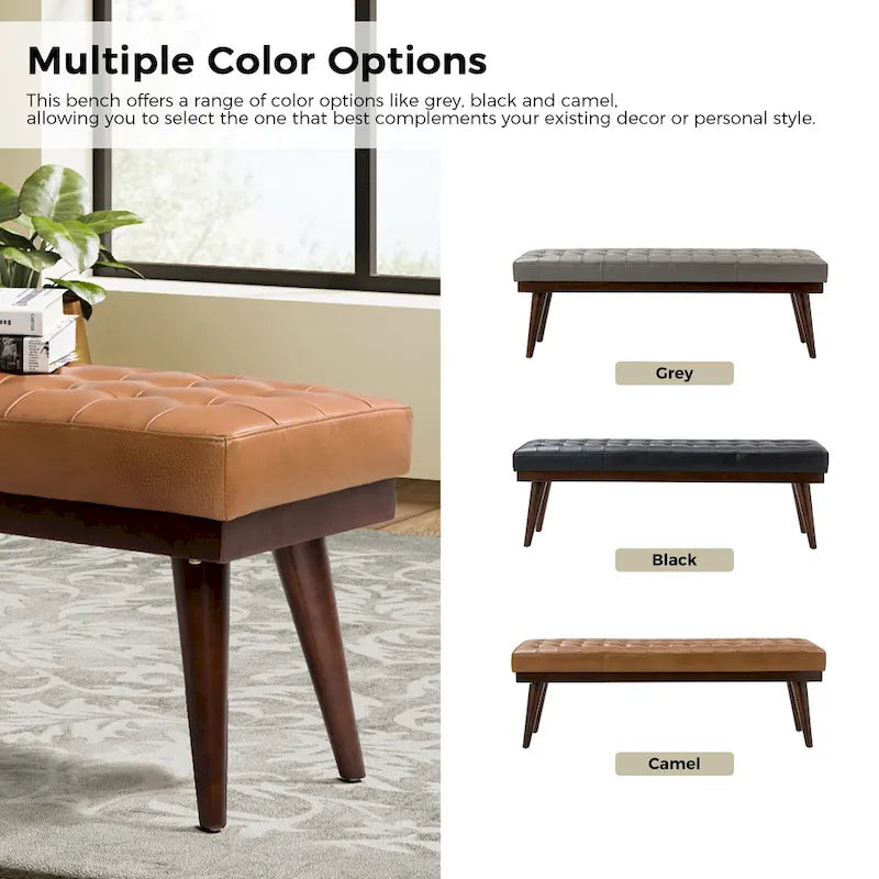 Genuine Leather Tufted Bench with Solid Wood Base