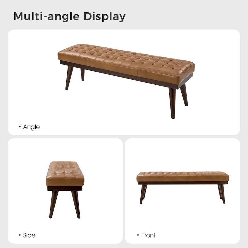 Genuine Leather Tufted Bench with Solid Wood Base