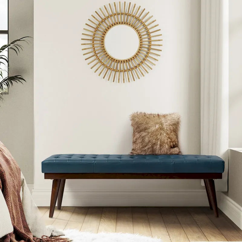 Genuine Leather Tufted Bench with Solid Wood Base