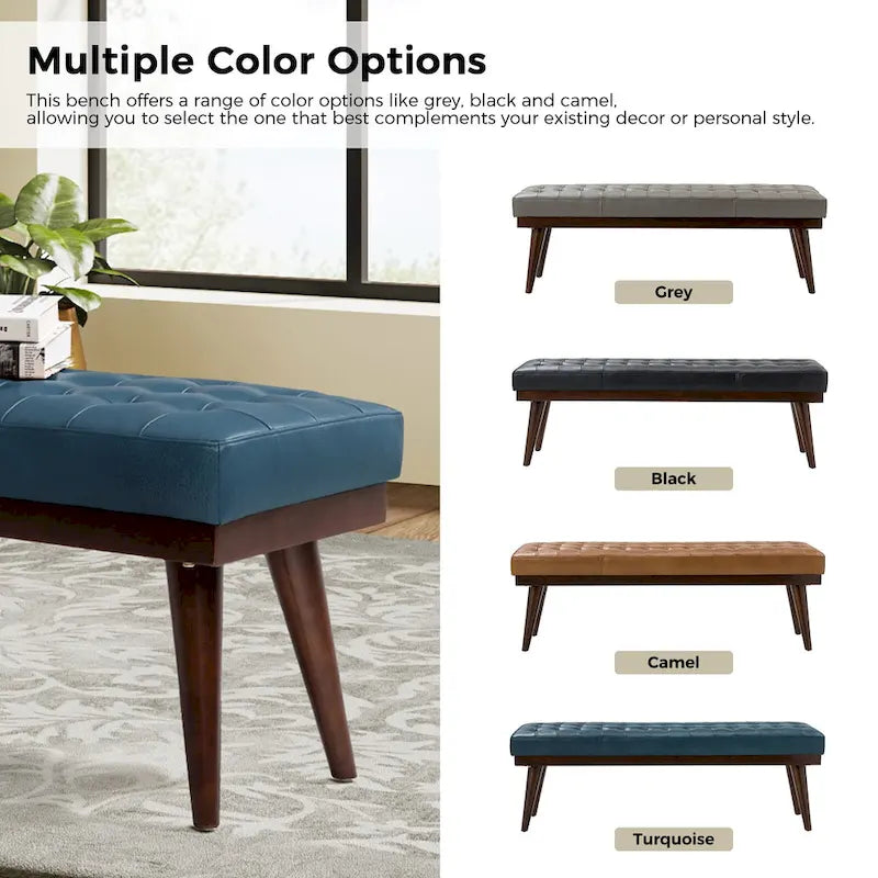 Genuine Leather Tufted Bench with Solid Wood Base