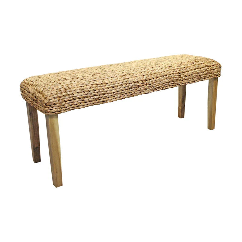 Natural Woven Water Hyacinth Bench with Acacia Wood Legs