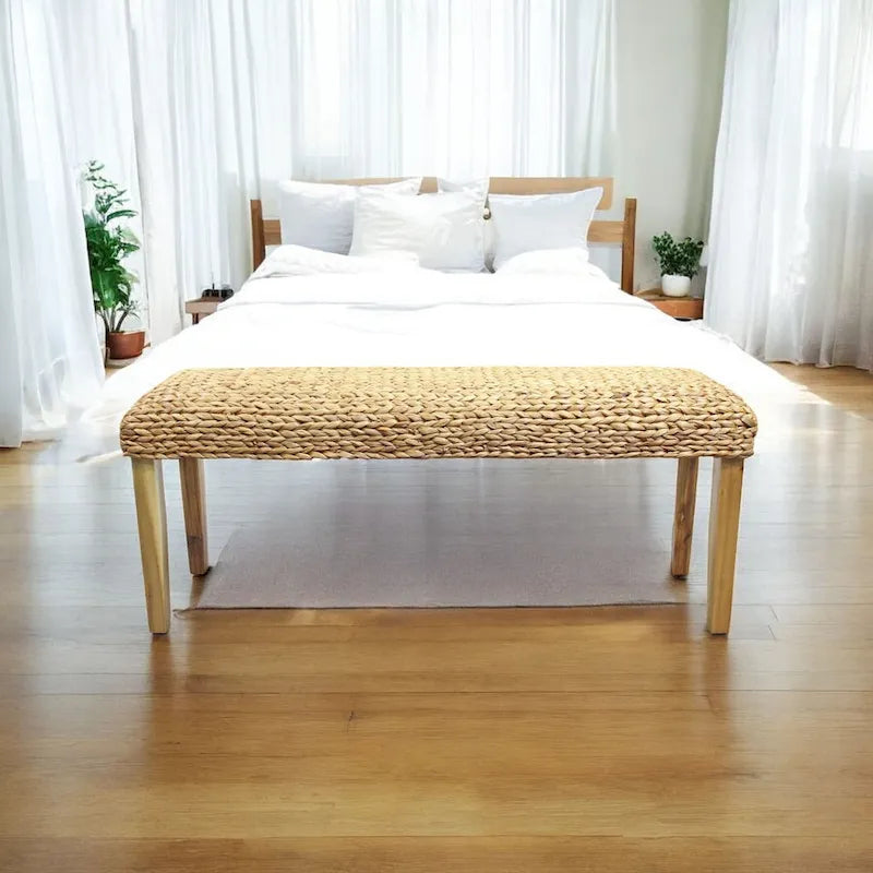 Natural Woven Water Hyacinth Bench with Acacia Wood Legs