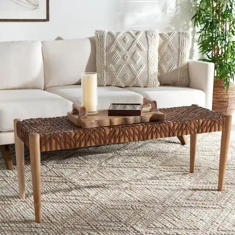 SAFAVIEH Mahalia Bandelier Wood & Leather Bench - 47 W x 16 D x 19 H - 47Wx16Dx19H