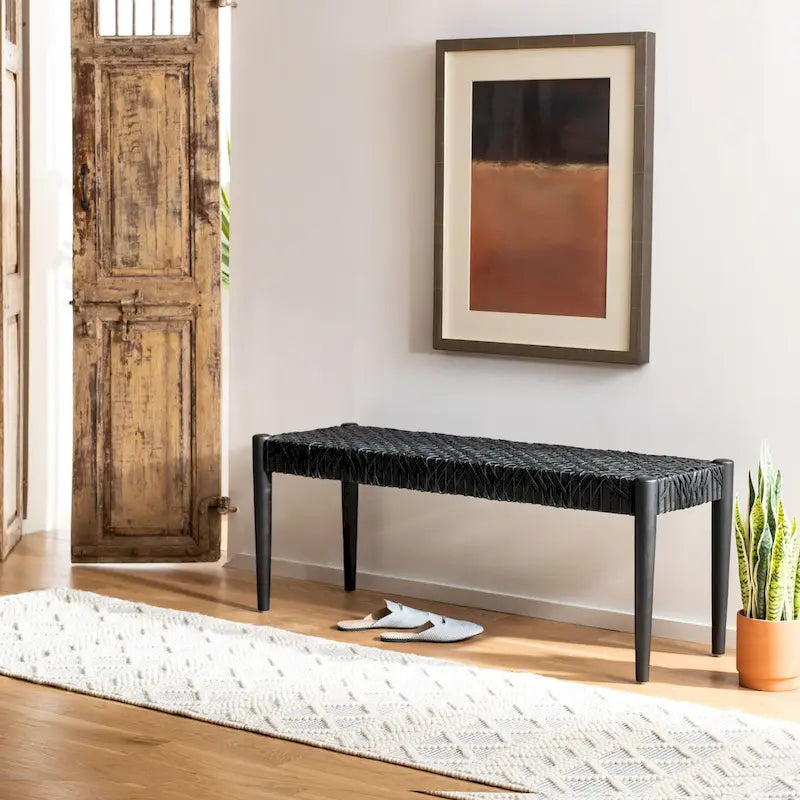 SAFAVIEH Mahalia Bandelier Wood & Leather Bench - 47 W x 16 D x 19 H - 47Wx16Dx19H