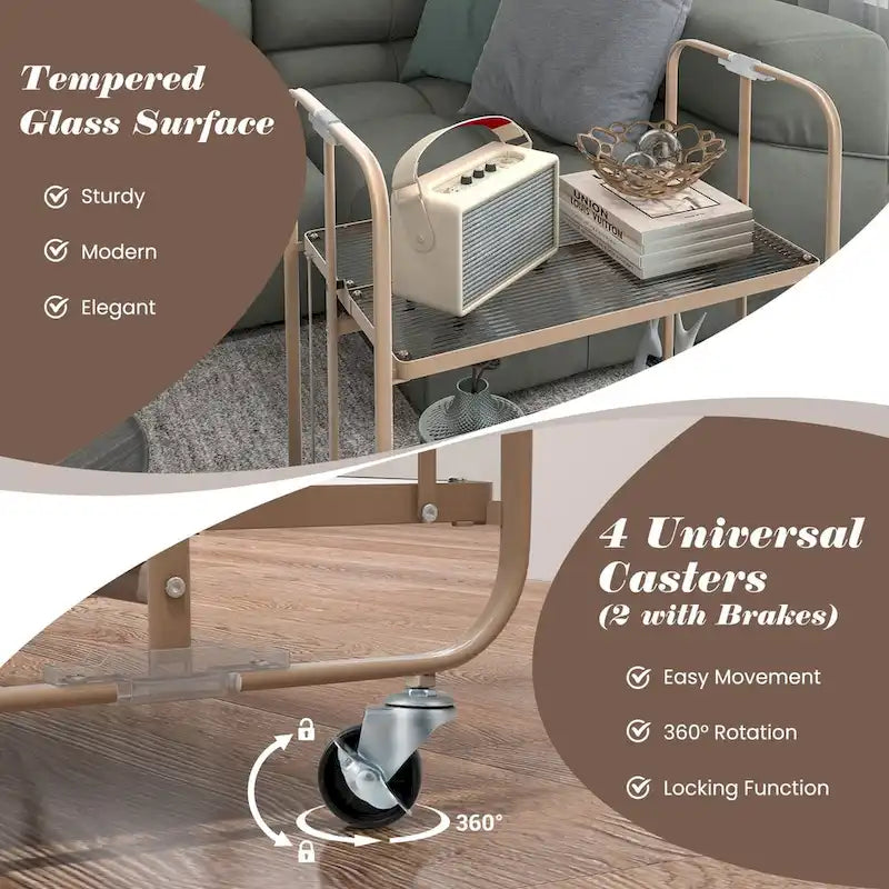 2-Tier Mobile Serving Cart with Tempered Glass Shelf-Golden - 26 x 16 x 28.5