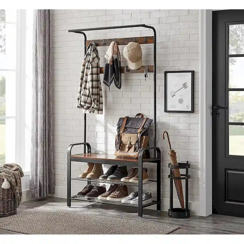 Coat Rack, Hall Tree with Shoe Bench for Entryway, 3-in-1 Design, Easy Assembly, Rustic Brown and Black