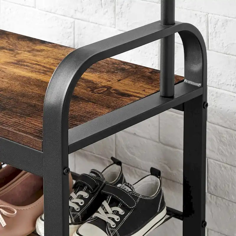 Coat Rack, Hall Tree with Shoe Bench for Entryway, 3-in-1 Design, Easy Assembly, Rustic Brown and Black