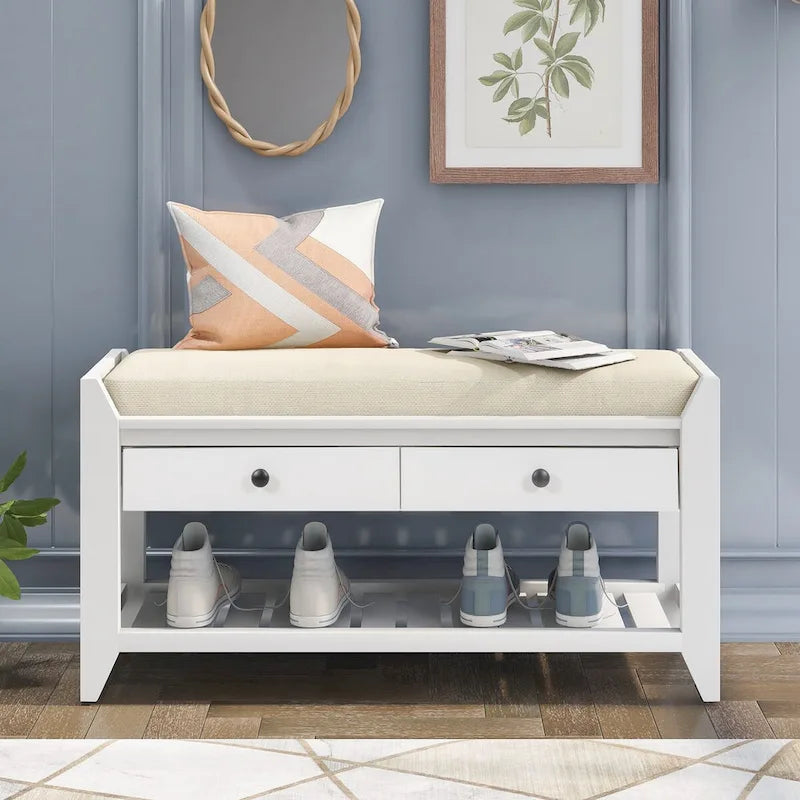 White Entryway Storage Bench with Cushioned Seat and Drawers