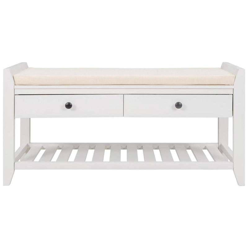 White Entryway Storage Bench with Cushioned Seat and Drawers