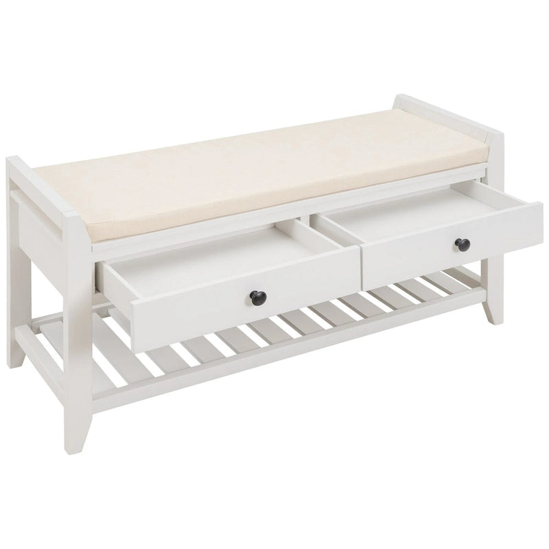 White Entryway Storage Bench with Cushioned Seat and Drawers