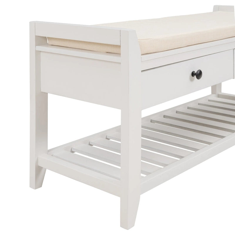 White Entryway Storage Bench with Cushioned Seat and Drawers