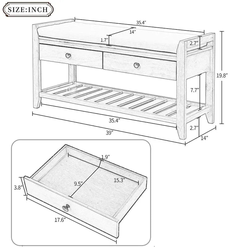 White Entryway Storage Bench with Cushioned Seat and Drawers