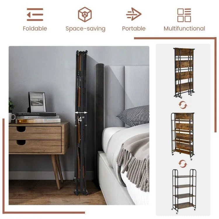 Foldable Rolling Cart with Storage Shelves for Kitchen-4-Tier - 26 x 16 x 52(L x W x H)