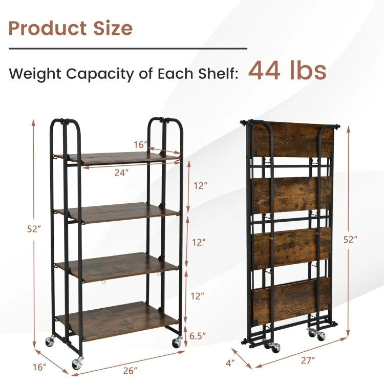Foldable Rolling Cart with Storage Shelves for Kitchen-4-Tier - 26 x 16 x 52(L x W x H)