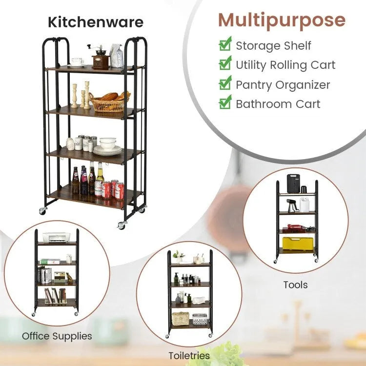 Foldable Rolling Cart with Storage Shelves for Kitchen-4-Tier - 26 x 16 x 52(L x W x H)
