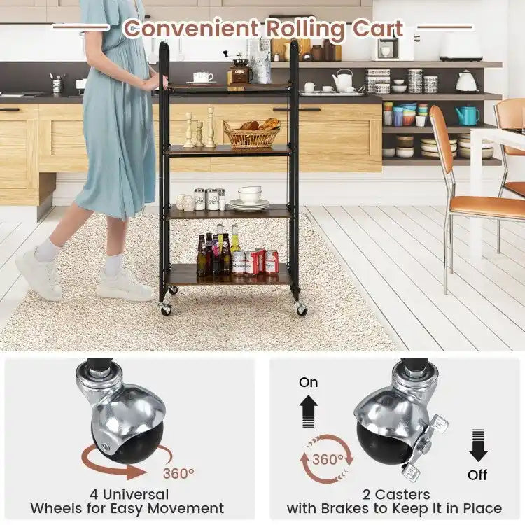 Foldable Rolling Cart with Storage Shelves for Kitchen-4-Tier - 26 x 16 x 52(L x W x H)