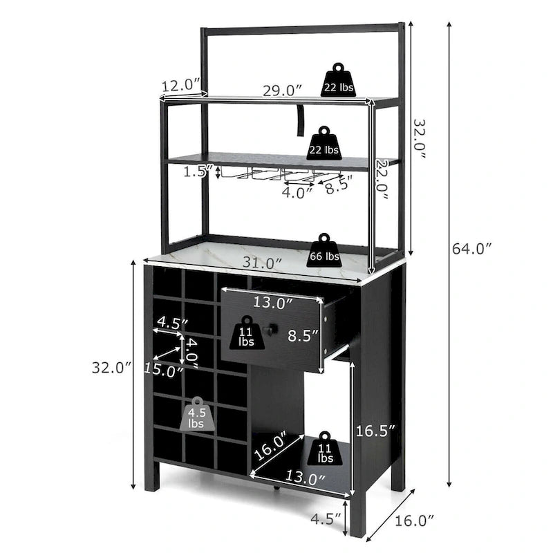Gymax Kitchen Bakers Rack Freestanding Wine Rack Table w/ Glass Holder