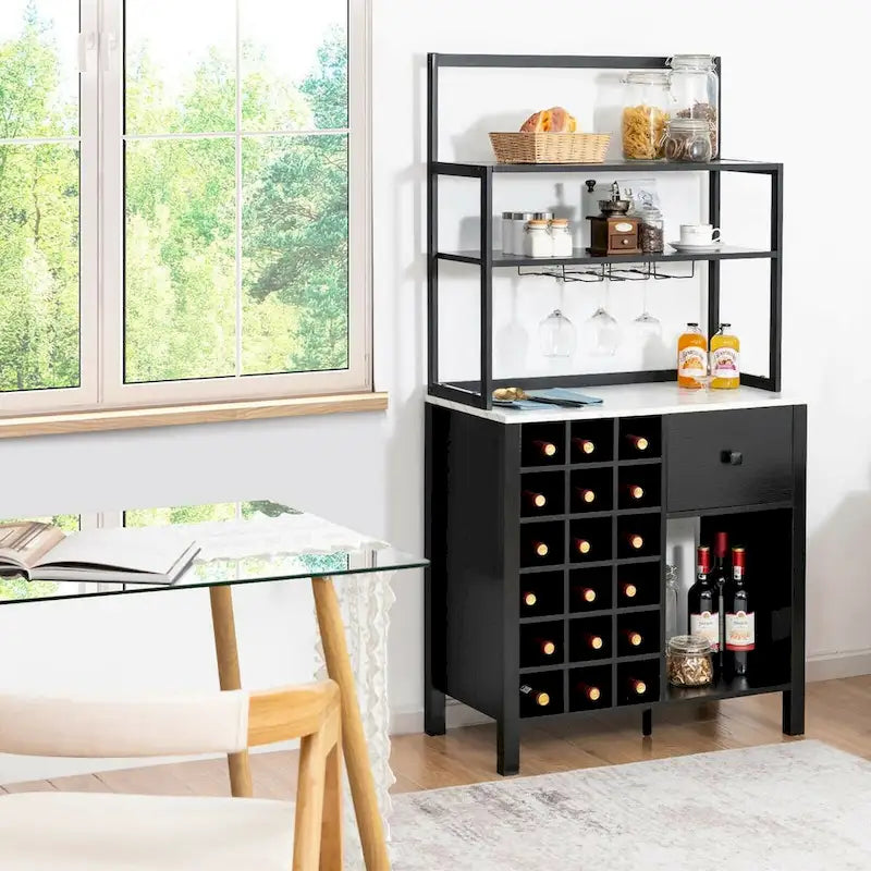 Gymax Kitchen Bakers Rack Freestanding Wine Rack Table w/ Glass Holder