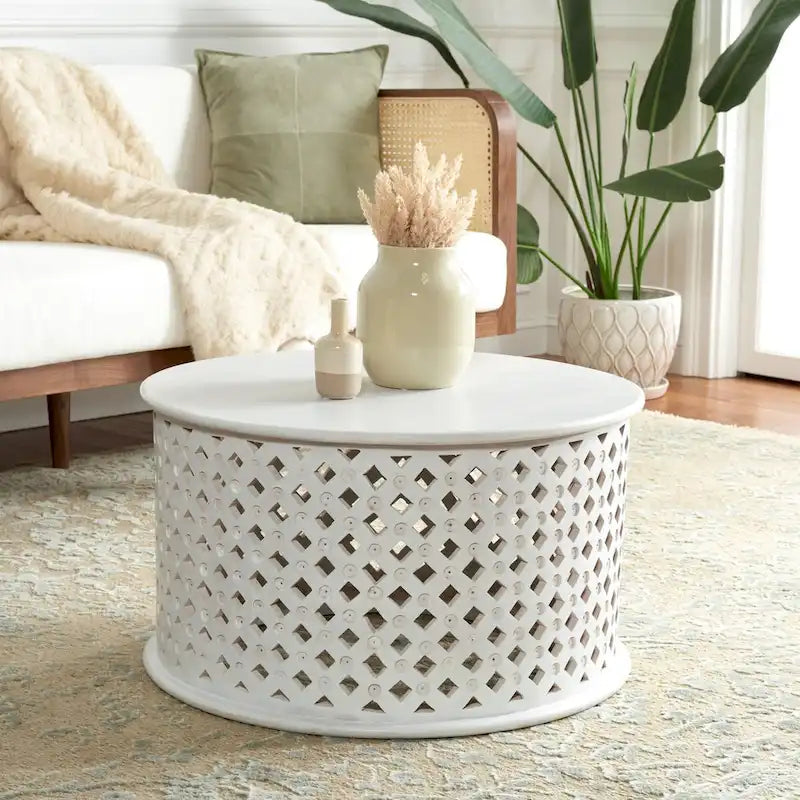 Round Mango Wood Coffee Table with Lattice Base
