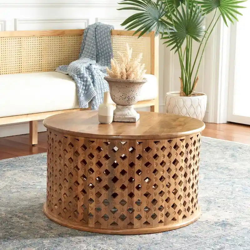 Round Mango Wood Coffee Table with Lattice Base