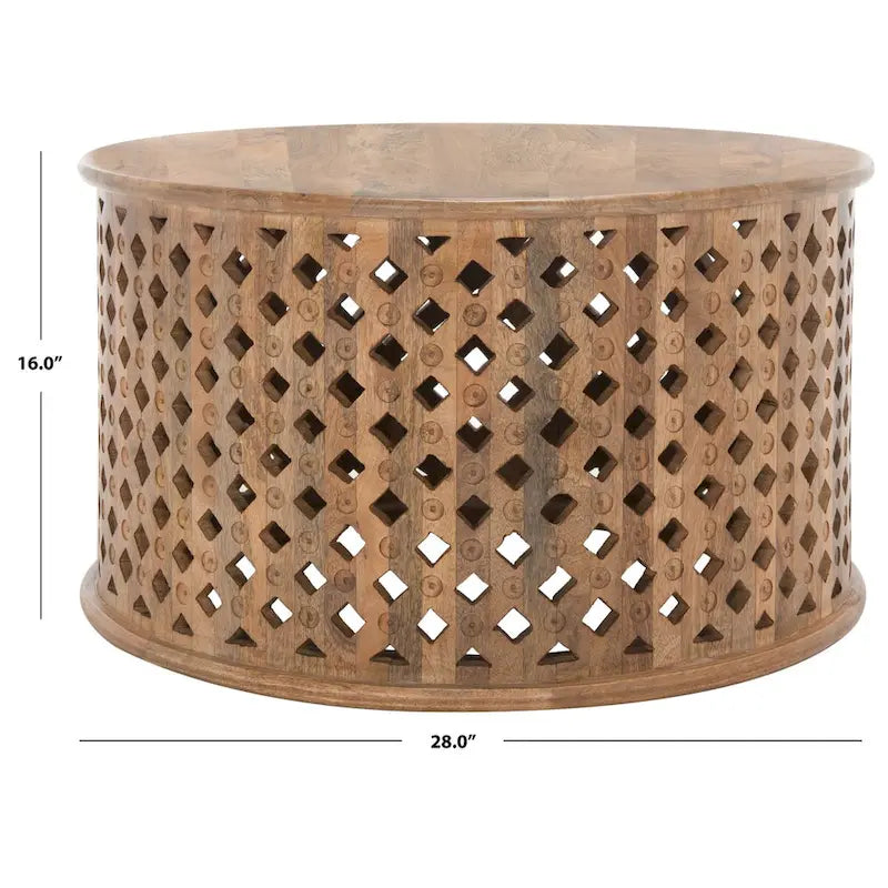 Round Mango Wood Coffee Table with Lattice Base