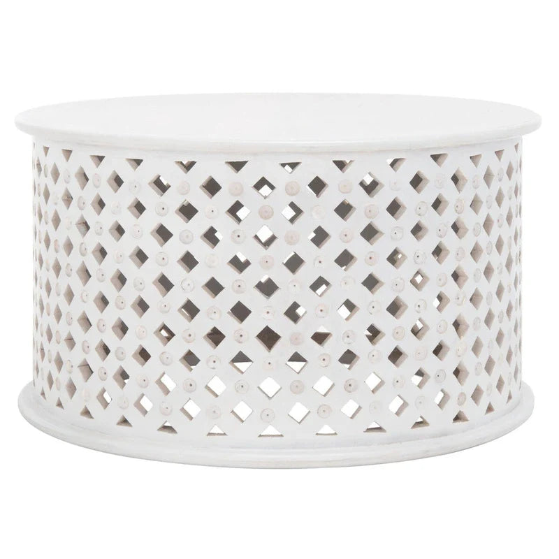 Round Mango Wood Coffee Table with Lattice Base
