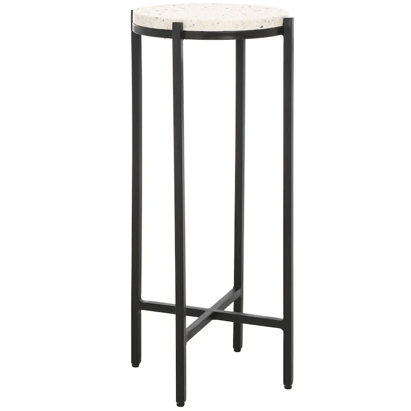 White Marble Top Round Drink Table with Black Legs