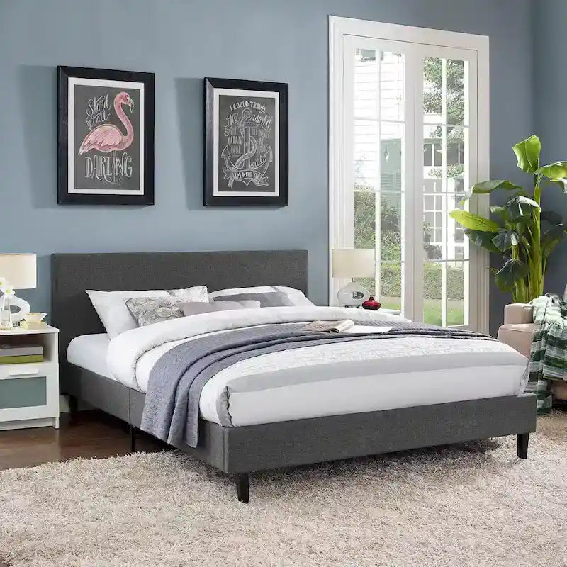 Queen Platform Bed with Padded Vinyl Headboard