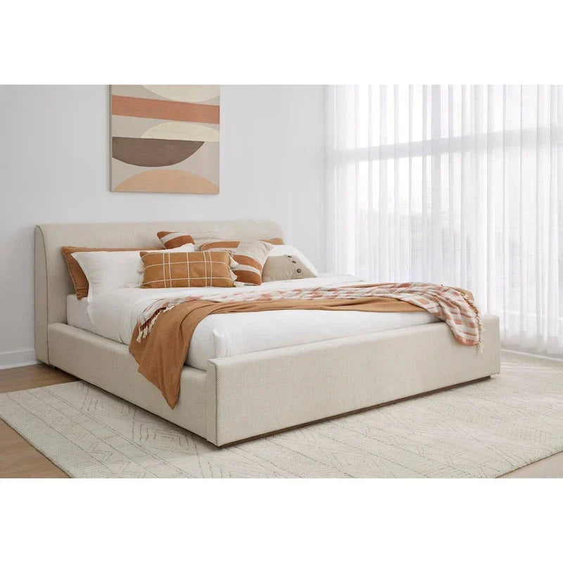 Natural Linen Upholstered Platform Bed - Queen Size