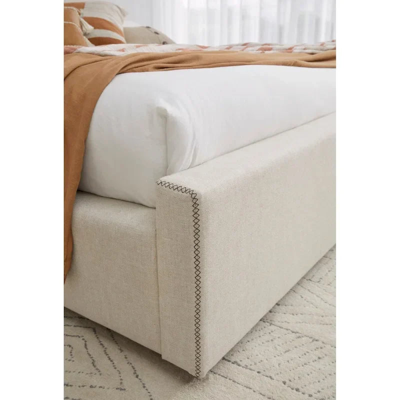 Natural Linen Upholstered Platform Bed - Queen Size