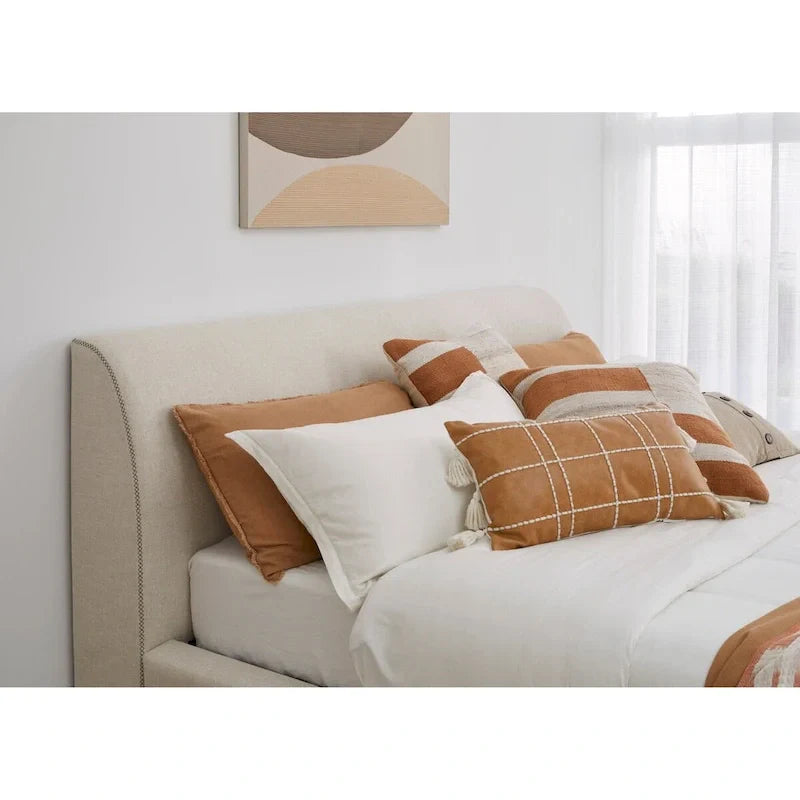 Natural Linen Upholstered Platform Bed - Queen Size