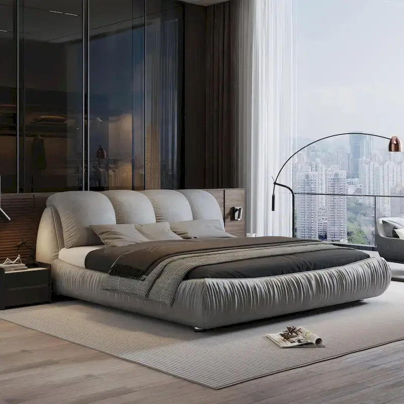 King Size Upholstered Platform Bed with Oversized Padded Backrest